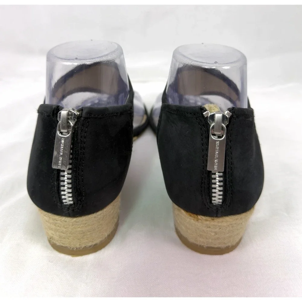 Michael Kors Black Leather T Strap Espadrille Wedge Sandals Womens Size‎ 7.5M